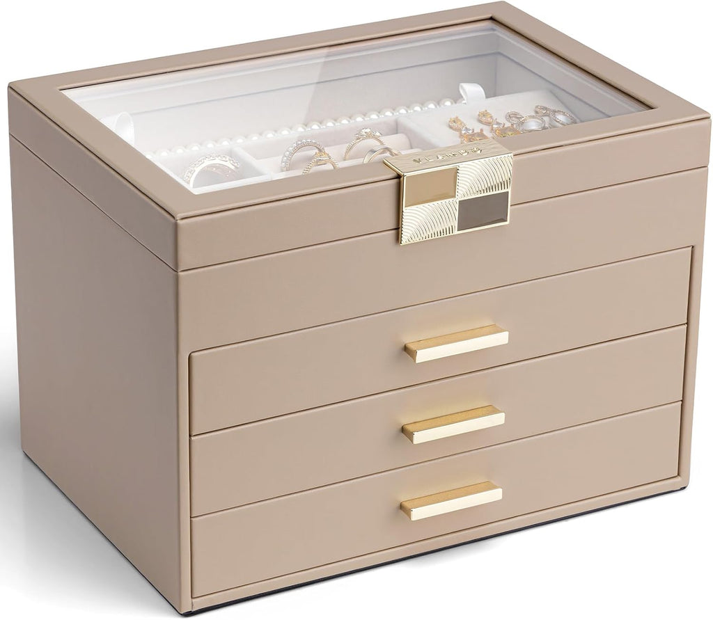 VLANDO Moonlit Mirror 4-Layer Jewelry Box with Glass Lid & Drawers