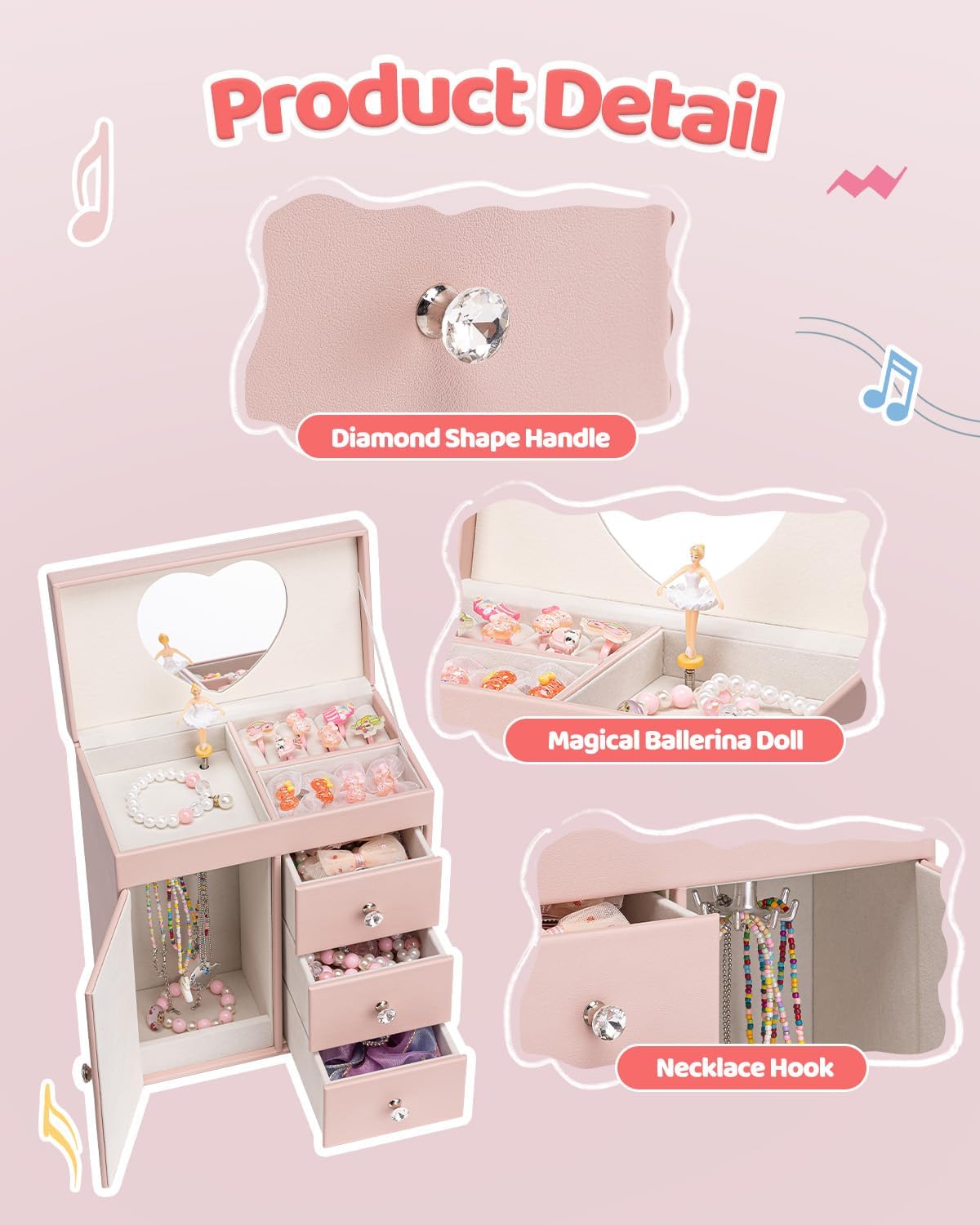VLANDO Vertical Musical Box Musical Jewelry Box for Girls