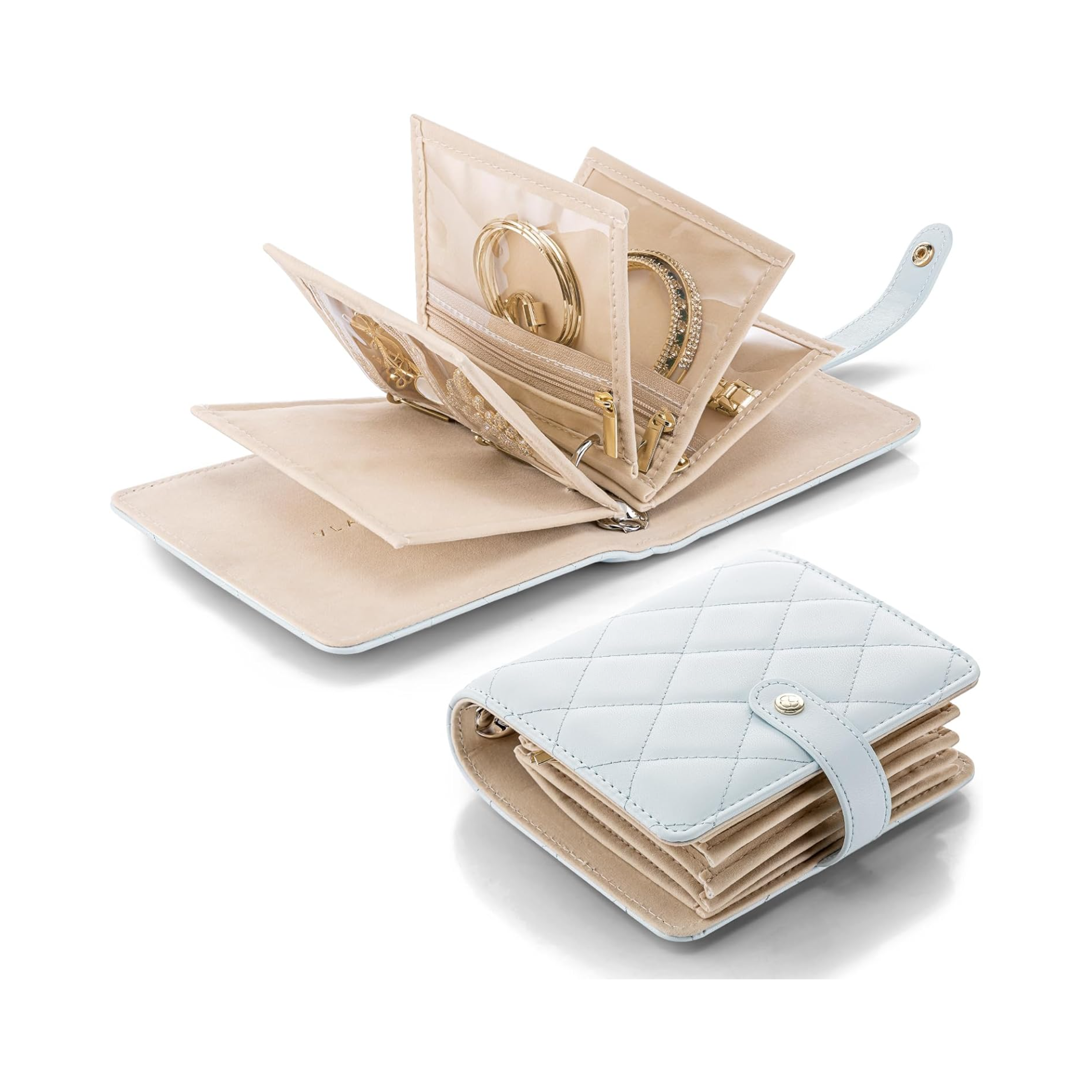 VLANDO Quilted Travel Jewelry Organizer with Clear Zipper Pouches