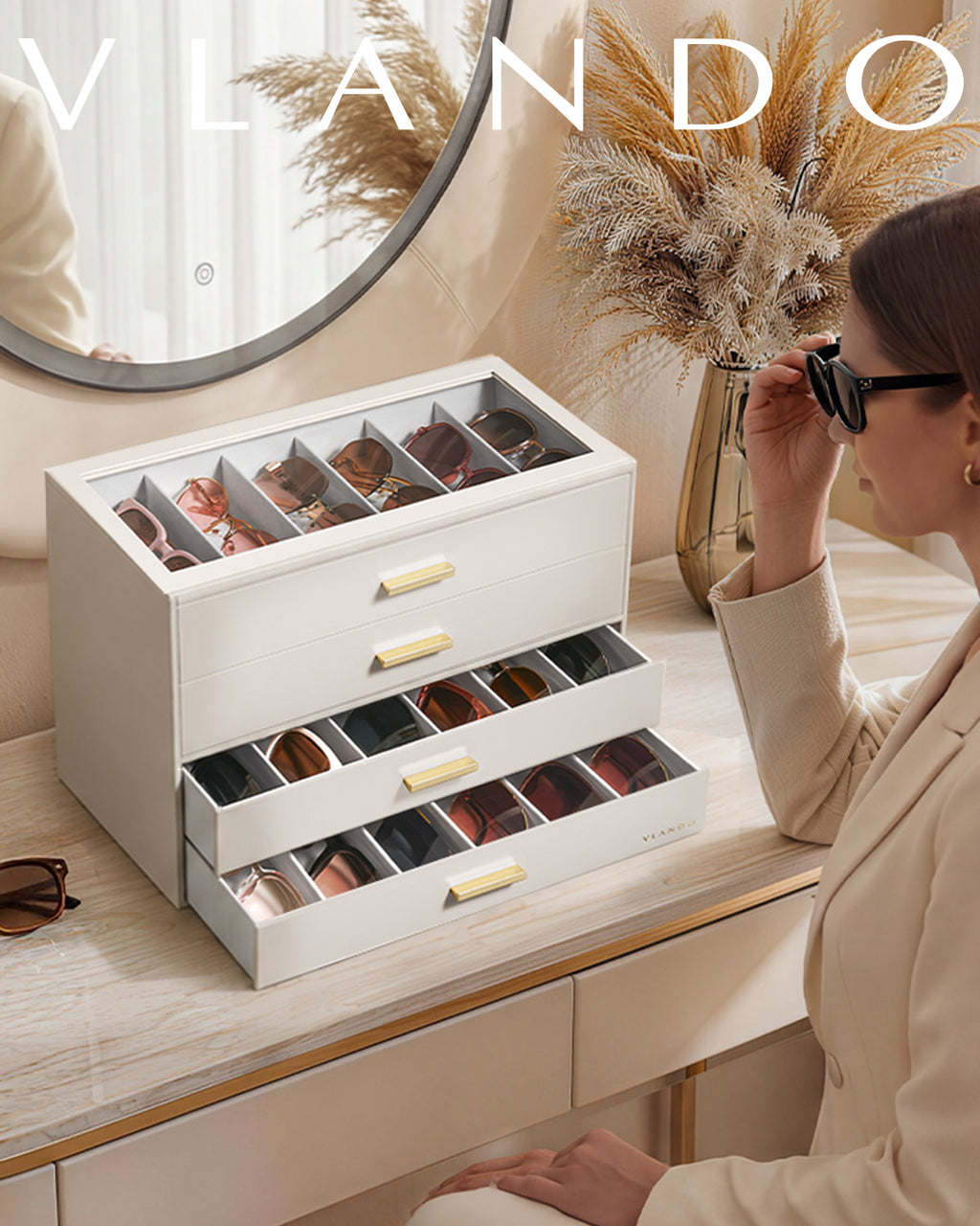 VLANDO Glasses Case 4-Layer, 24-Slot Sunglasses Organizer Casewith Clear Lid & 4 Drawers