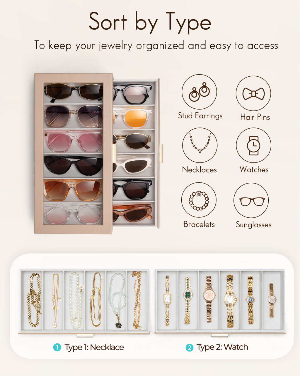 2-Layer Sunglasses Organizer Box with Glass Lid & Drawers