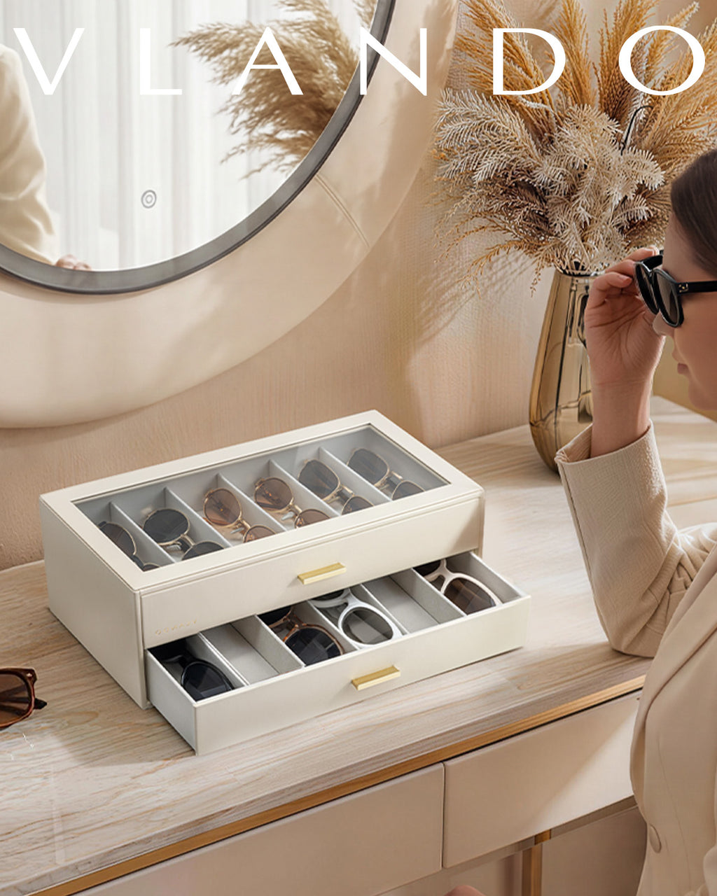 2-Layer Sunglasses Organizer Box with Glass Lid & Drawers