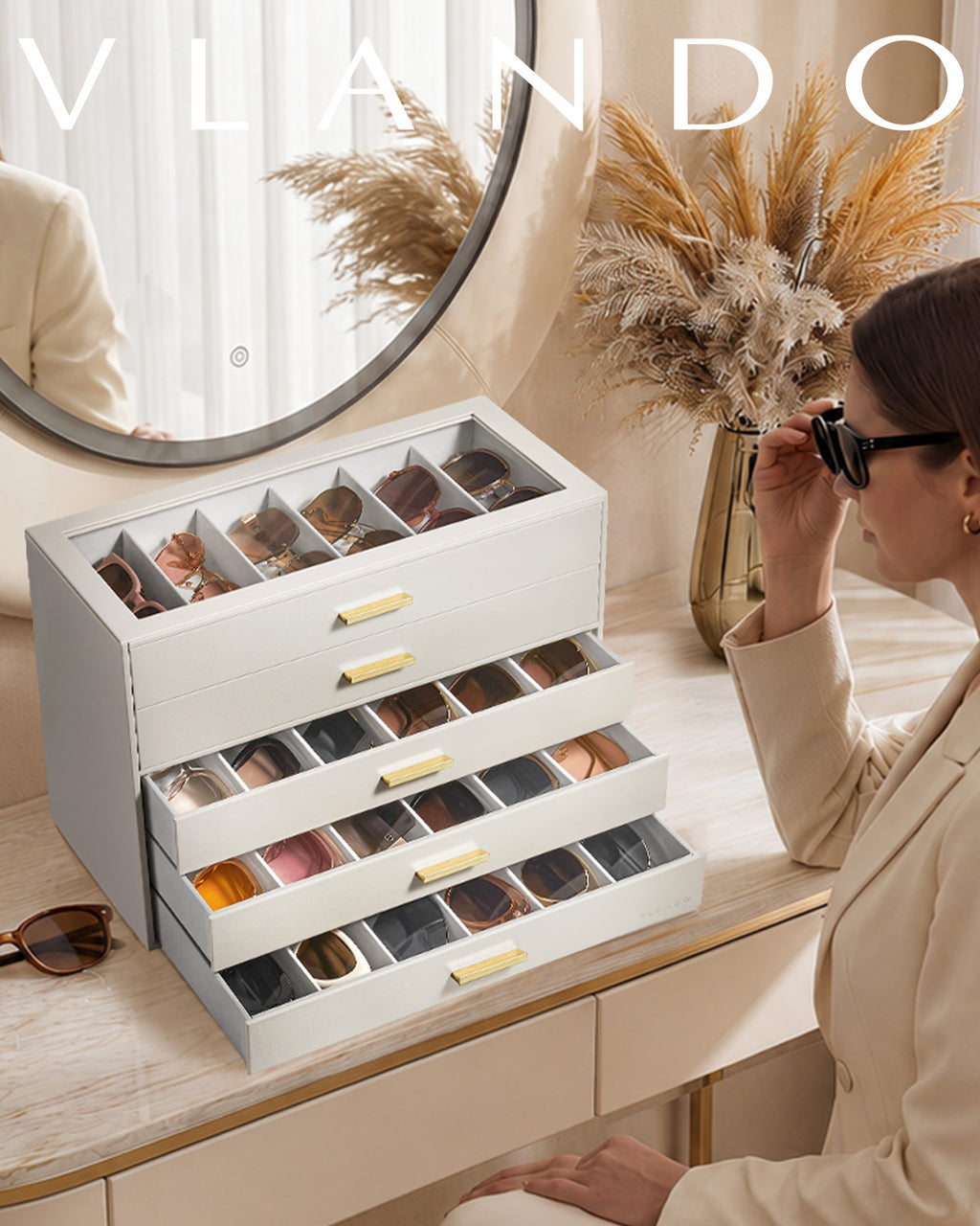 VLANDO Glasses Case 5-Layer, 30-Slot Sunglasses Organizer CasewithClear Lid & 5 Drawers