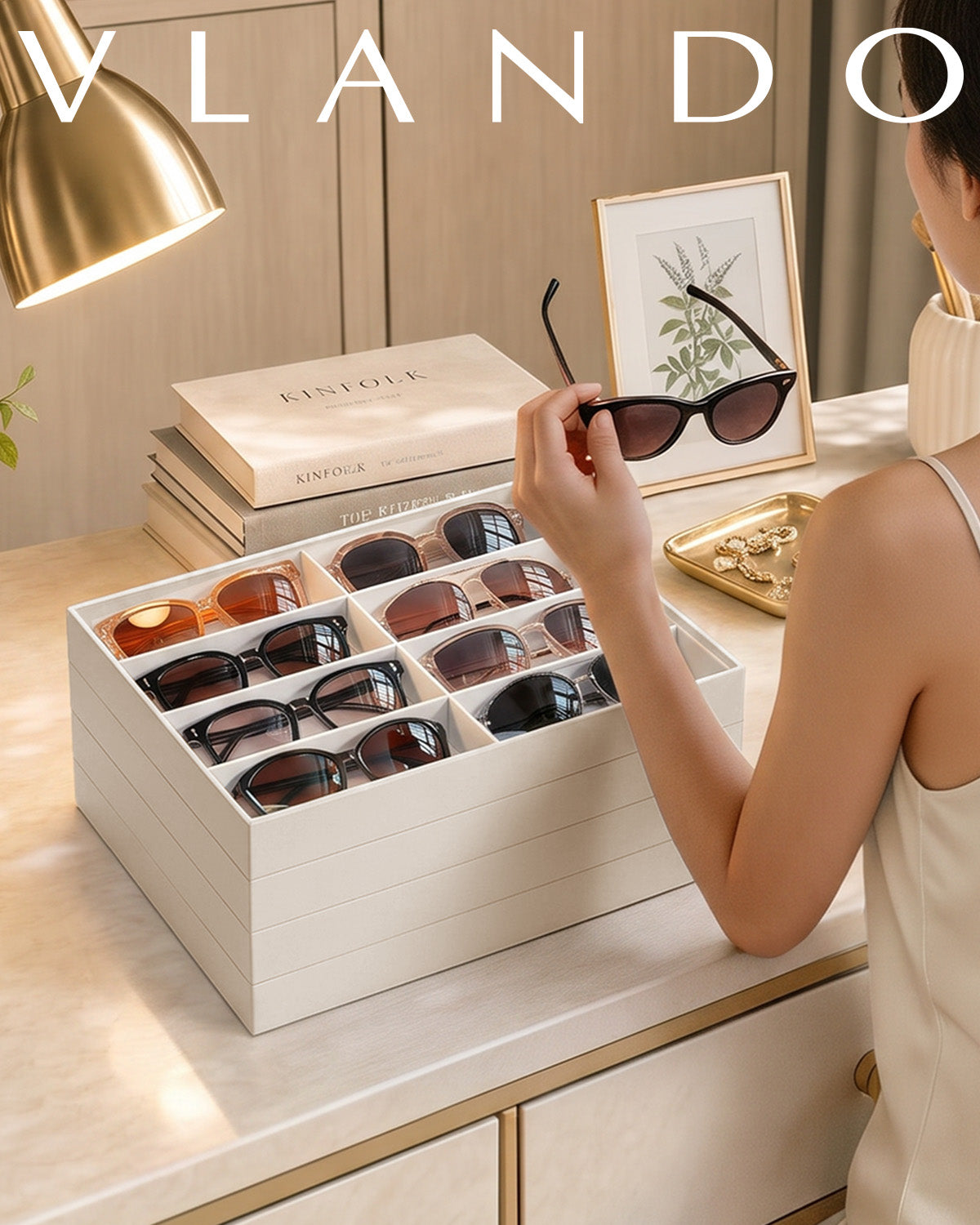 VLANDO Moments Stackable Jewelry Tray Set – 56-Grid, Bracelet, Jewelry & Glasses Tiers