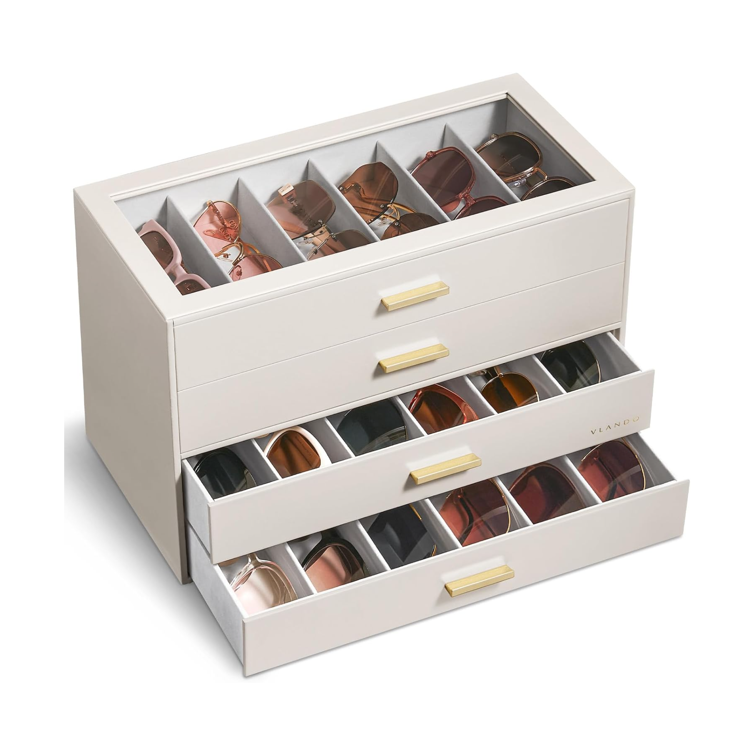 VLANDO Glasses Case 4-Layer, 24-Slot Sunglasses Organizer Casewith Clear Lid & 4 Drawers