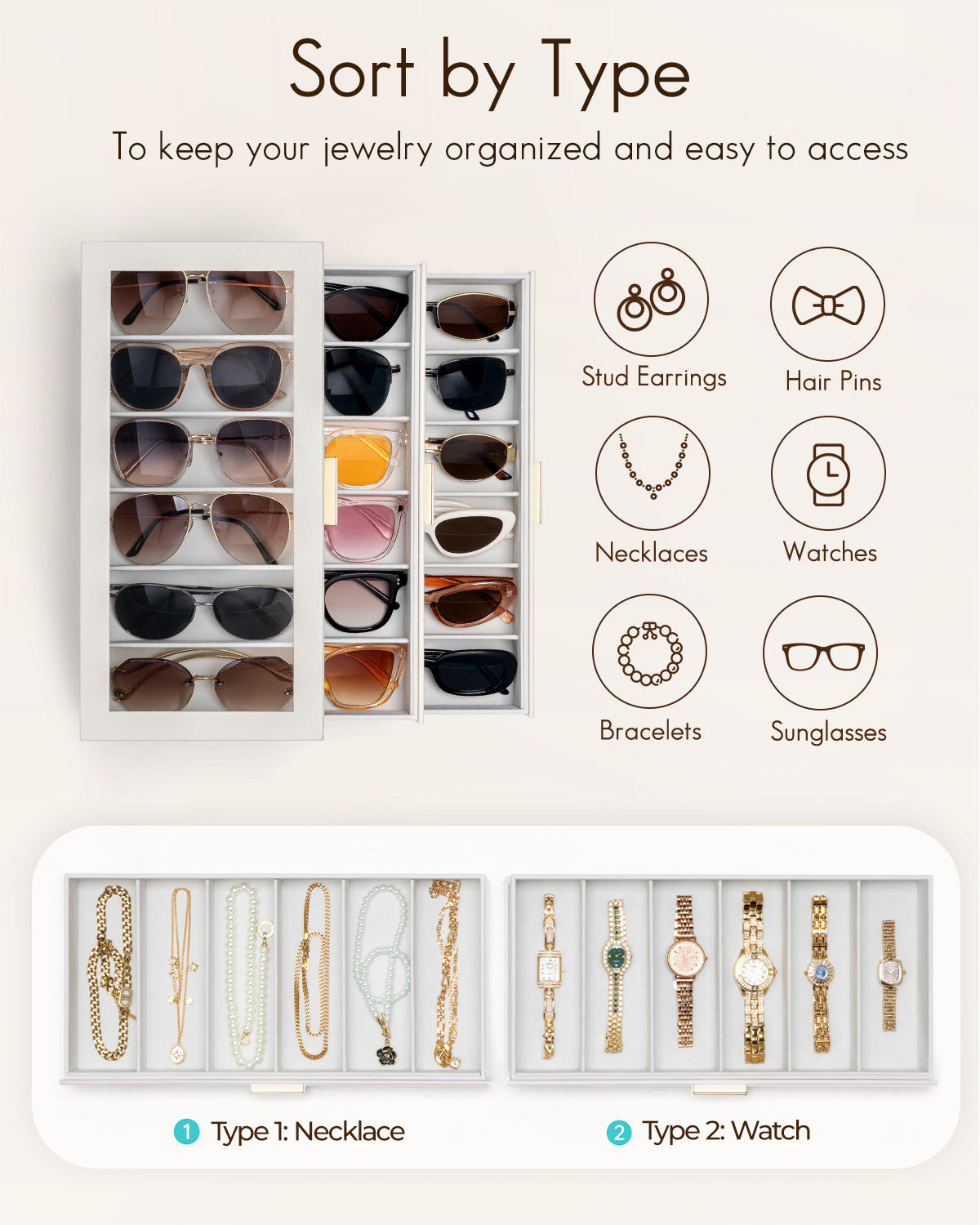 VLANDO Glasses Case 3‑Layer, 18‑Slot Sunglasses Organizer Case with Clear Lid & 3 Drawers