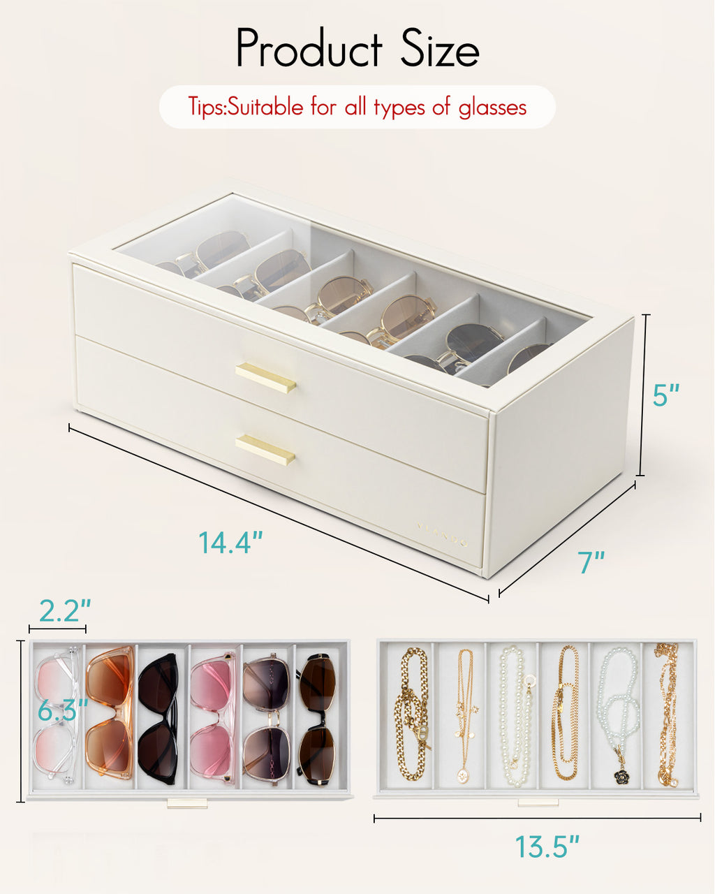 2-Layer Sunglasses Organizer Box with Glass Lid & Drawers