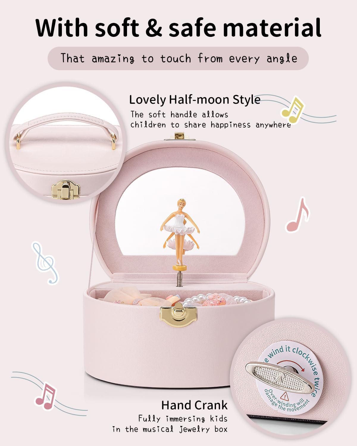 VLANDO Semicircular Musical Box Musical Jewelry Box for Girls – Spinning Ballerina, Lockable Jewelry Case & Mirror