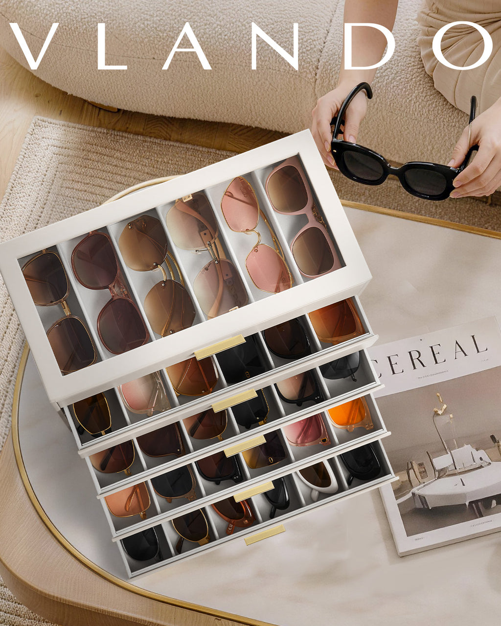 VLANDO Glasses Case 5-Layer, 30-Slot Sunglasses Organizer CasewithClear Lid & 5 Drawers