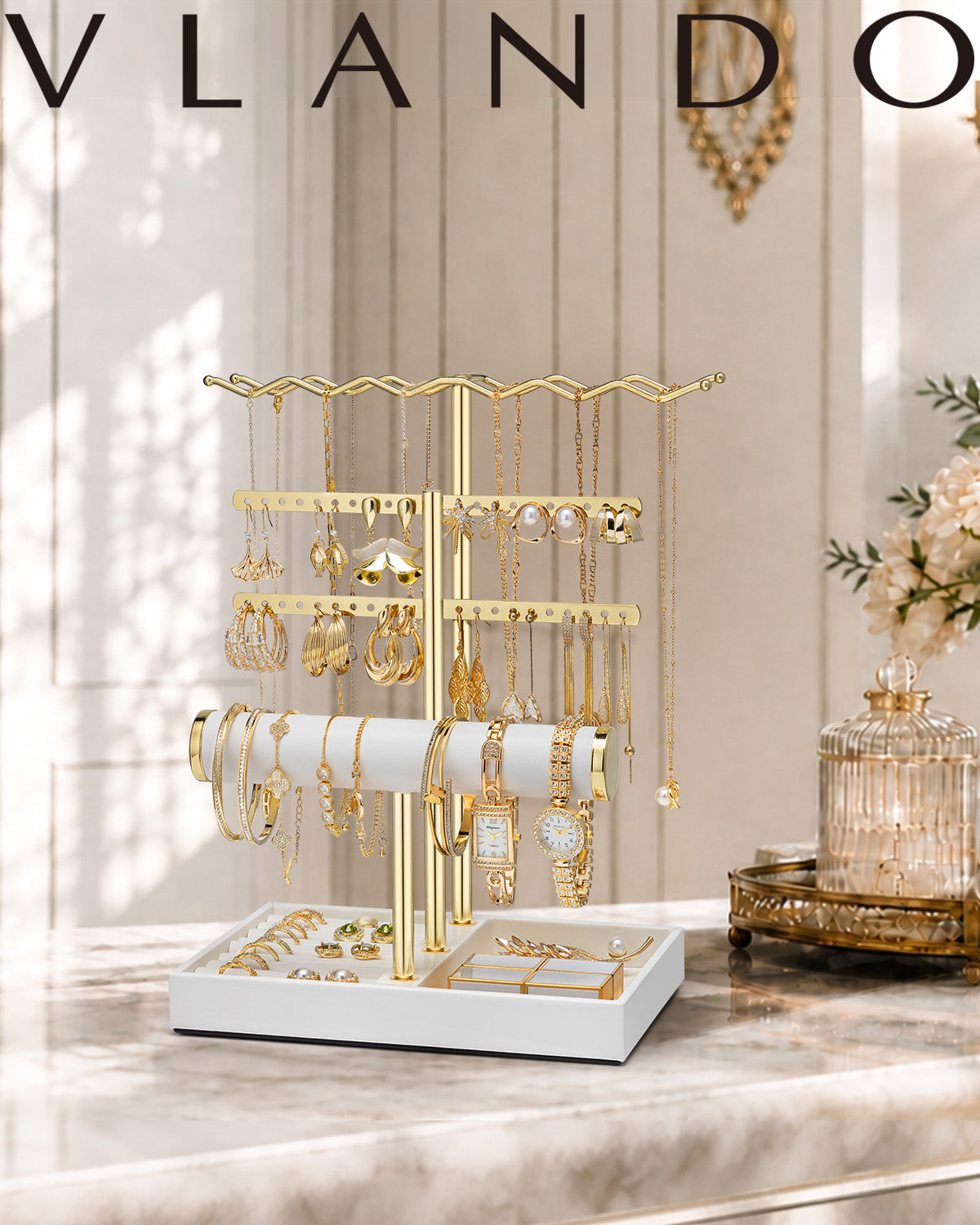 VLANDO 3-Tier Wave Jewelry Organizer Stand with Necklace Hooks, Earring Rack & Bracelet Bar