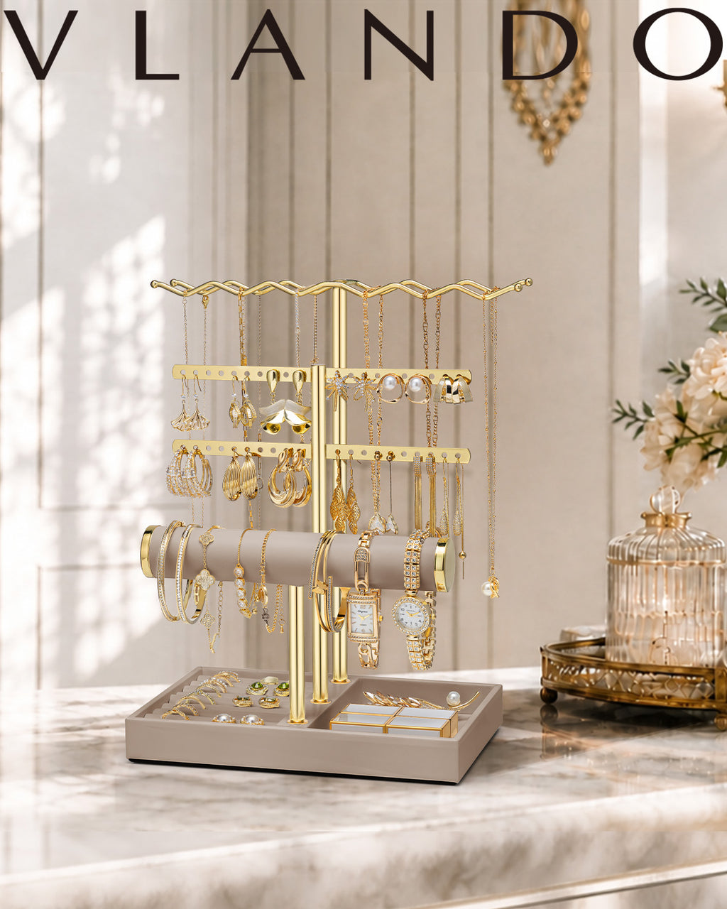 VLANDO 3-Tier Wave Jewelry Organizer Stand with Necklace Hooks, Earring Rack & Bracelet Bar