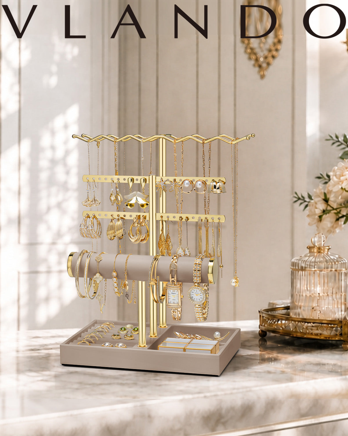 VLANDO 3-Tier Wave Jewelry Organizer Stand with Necklace Hooks, Earring Rack & Bracelet Bar