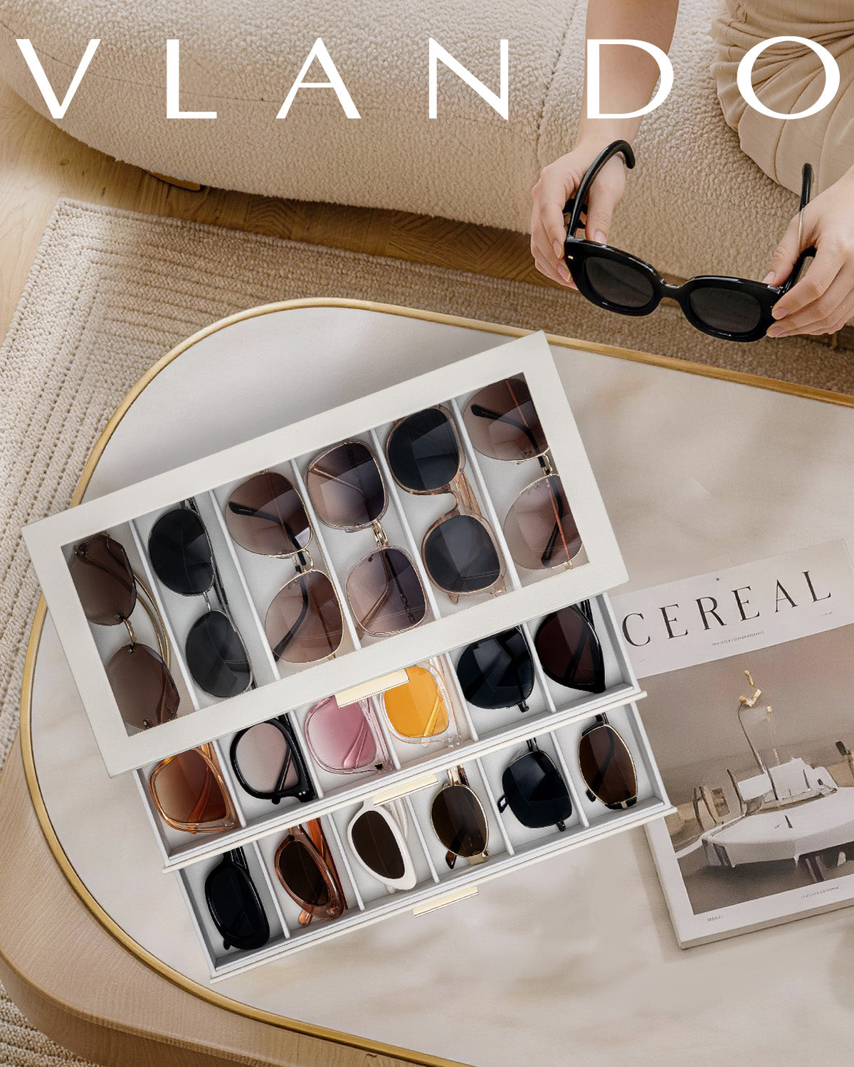 VLANDO Glasses Case 3‑Layer, 18‑Slot Sunglasses Organizer Case with Clear Lid & 3 Drawers
