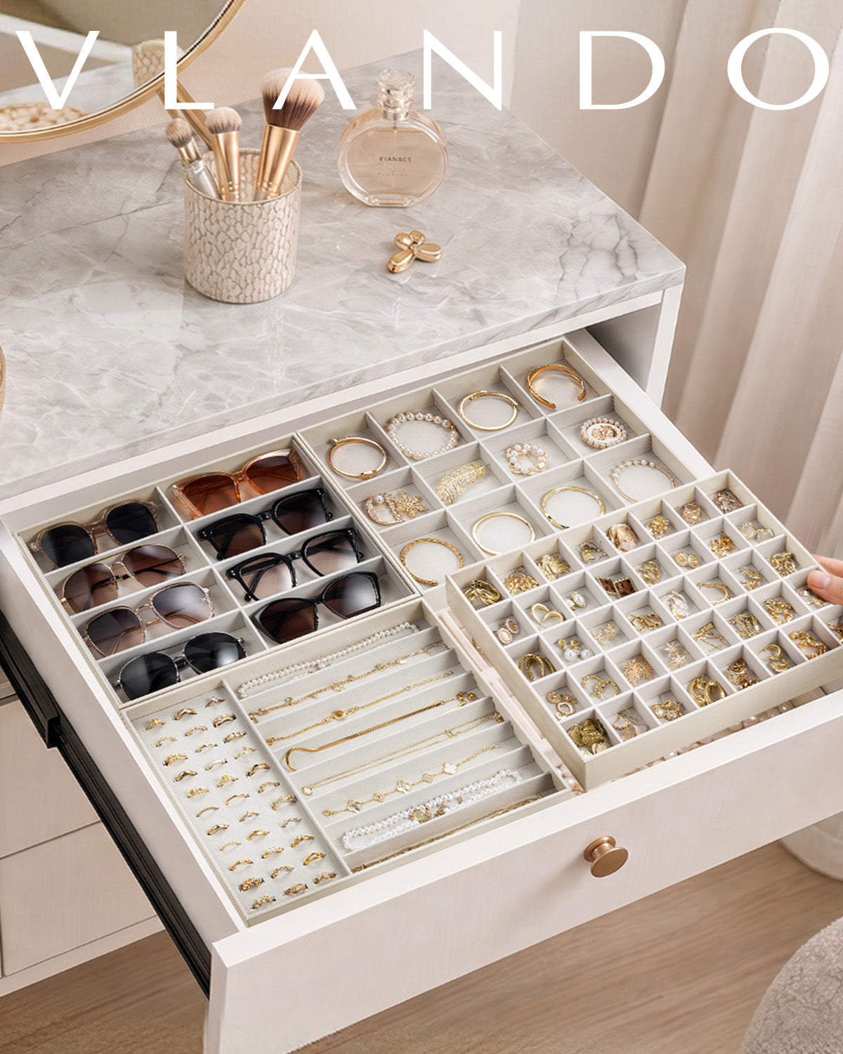 VLANDO Moments Stackable Jewelry Tray Set – 56-Grid, Bracelet, Jewelry & Glasses Tiers