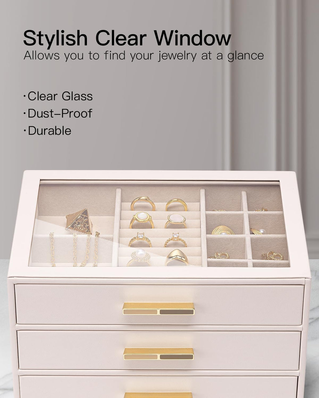 VLANDO Cinderella‑3 drawers Quiet Luxe 3‑Layer Glass Lid Jewelry Box Organizer