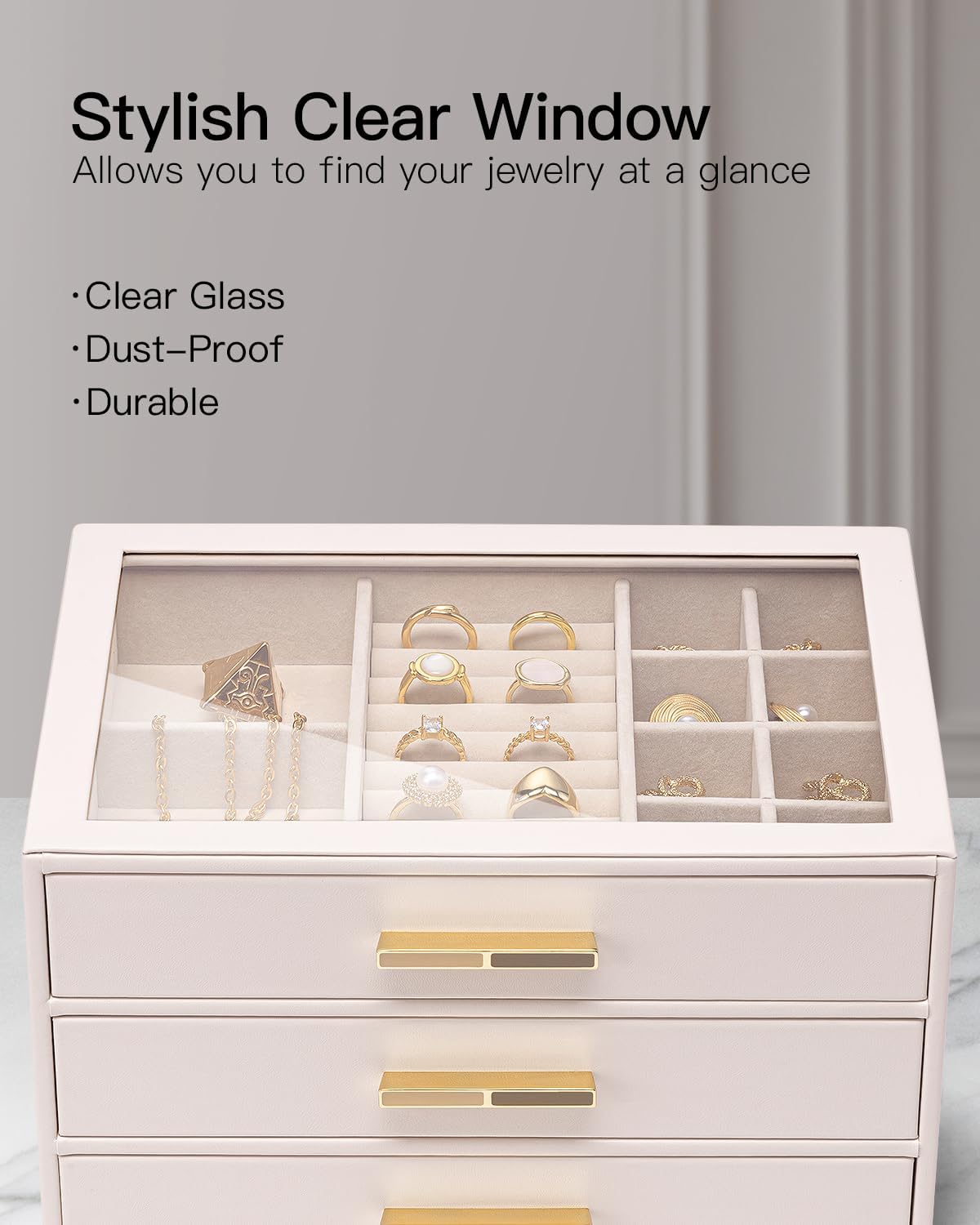 VLANDO Cinderella‑3 drawers Quiet Luxe 3‑Layer Glass Lid Jewelry Box Organizer