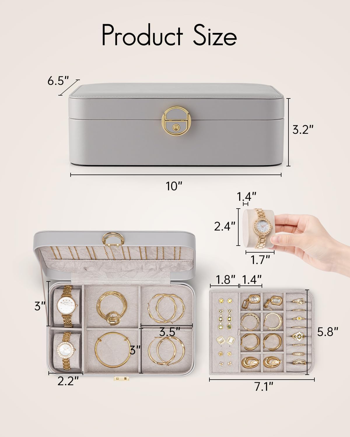 VLANDO Omini Plus Everyday Keepsake 2-Layer Lockable Leather Jewelry Box Organizer with Tray & Watch Pillow