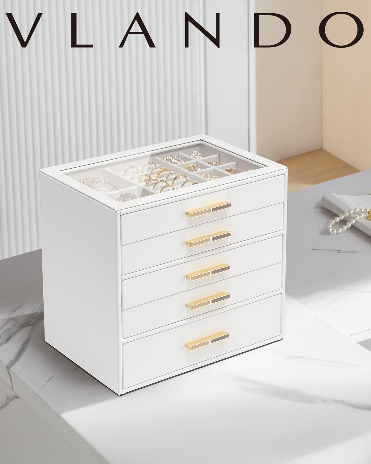 VLANDO Quiet Luxe 5-Layer Glass Lid Jewelry Box Organizer