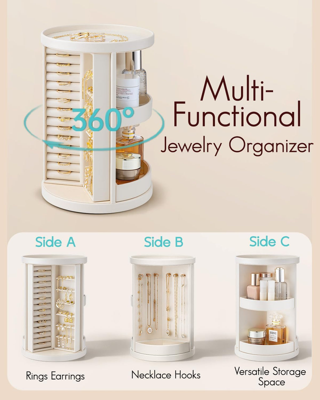 Boîte à bijoux rotative à 360° VLANDO Quiet Luxe pour colliers, bagues et parfums