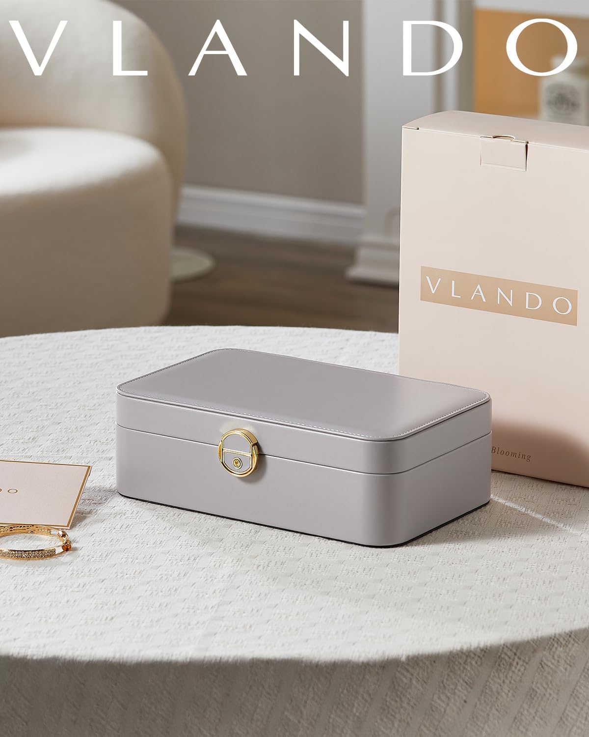 VLANDO Omini Plus Everyday Keepsake 2-Layer Lockable Leather Jewelry Box Organizer with Tray & Watch Pillow