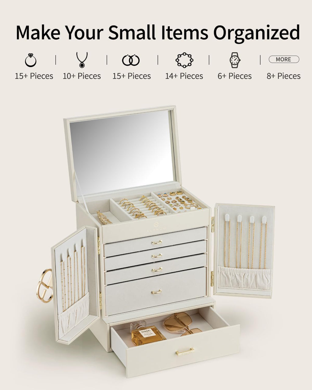 กล่องเครื่องประดับและที่จัดระเบียบขนาดใหญ่ VLANDO Hita Quiet Luxe แบบ 6 ชั้นพร้อมกระจก