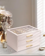 VLANDO Cinderella‑3 drawers Quiet Luxe 3‑Layer Glass Lid Jewelry Box Organizer