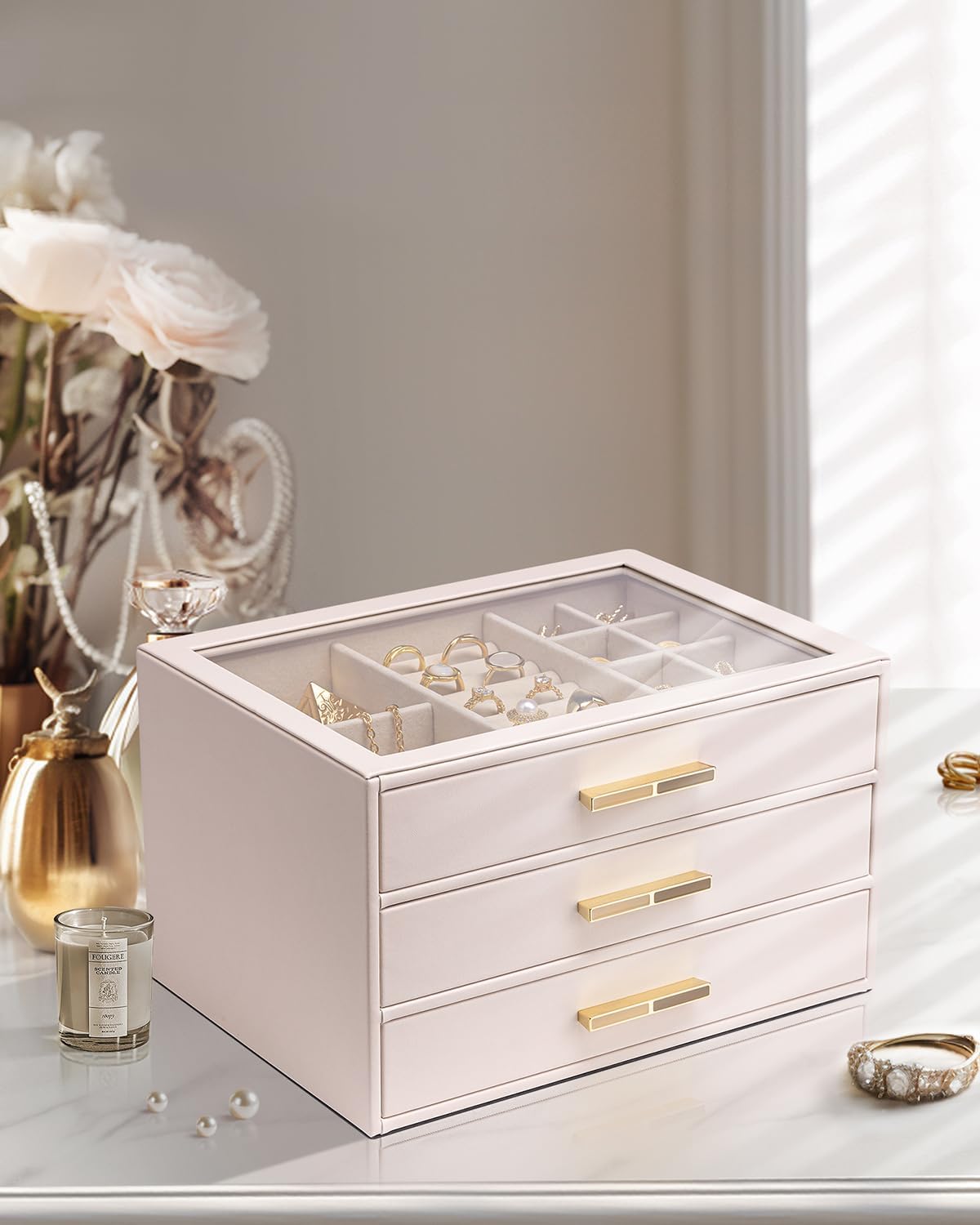 VLANDO Cinderella‑3 drawers Quiet Luxe 3‑Layer Glass Lid Jewelry Box Organizer