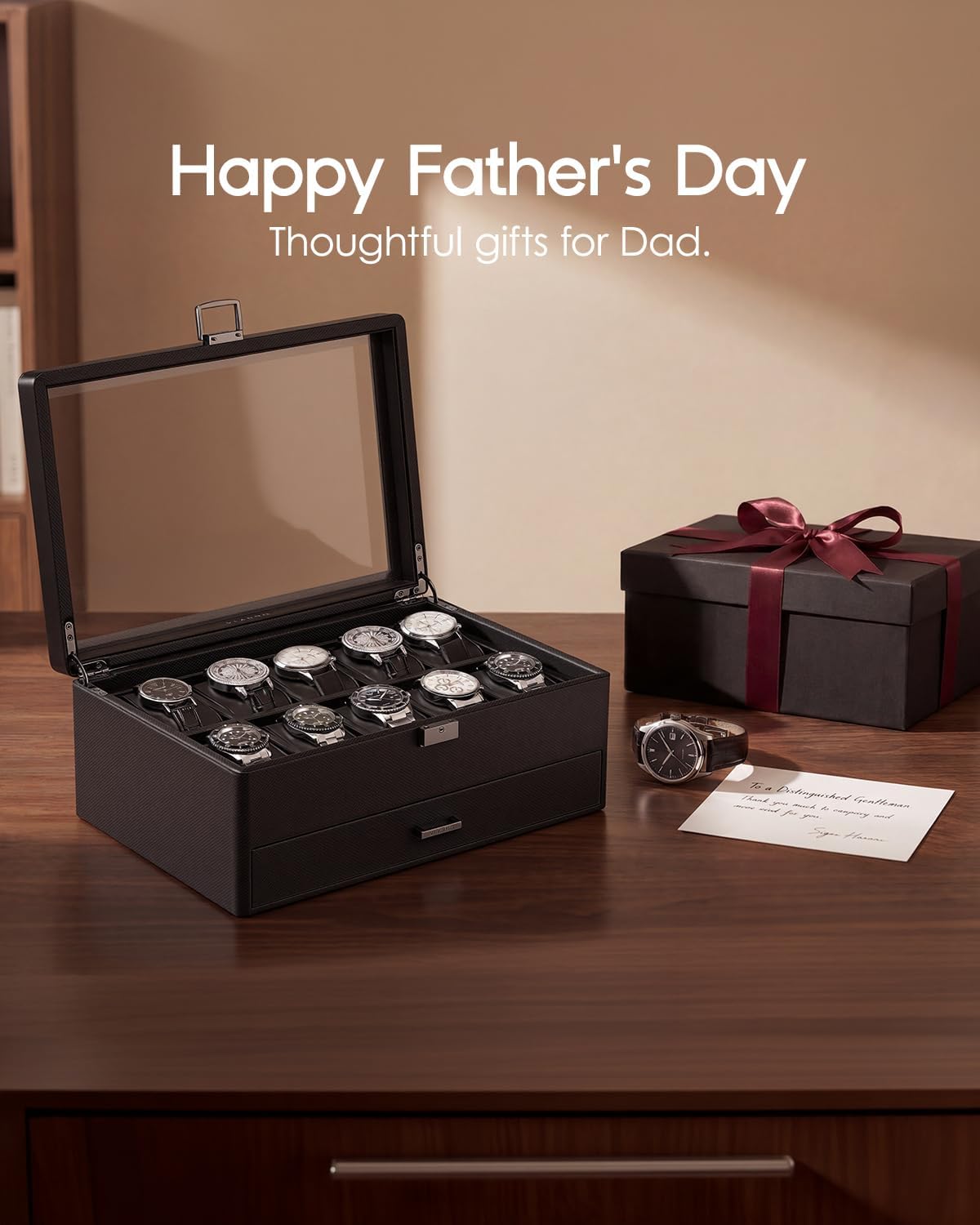 VLANDO 10-Slot Lockable Watch Box for Men | Glass Lid Watch Case