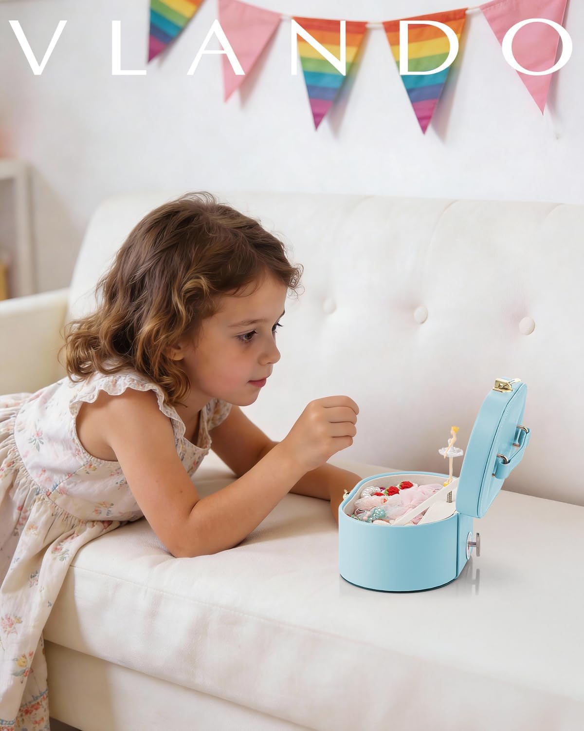 VLANDO Oval Music Box Musical Jewelry Box for Girls – Spinning Ballerina, Soft Faux Leather Kids Jewelry Organizer & Mirror