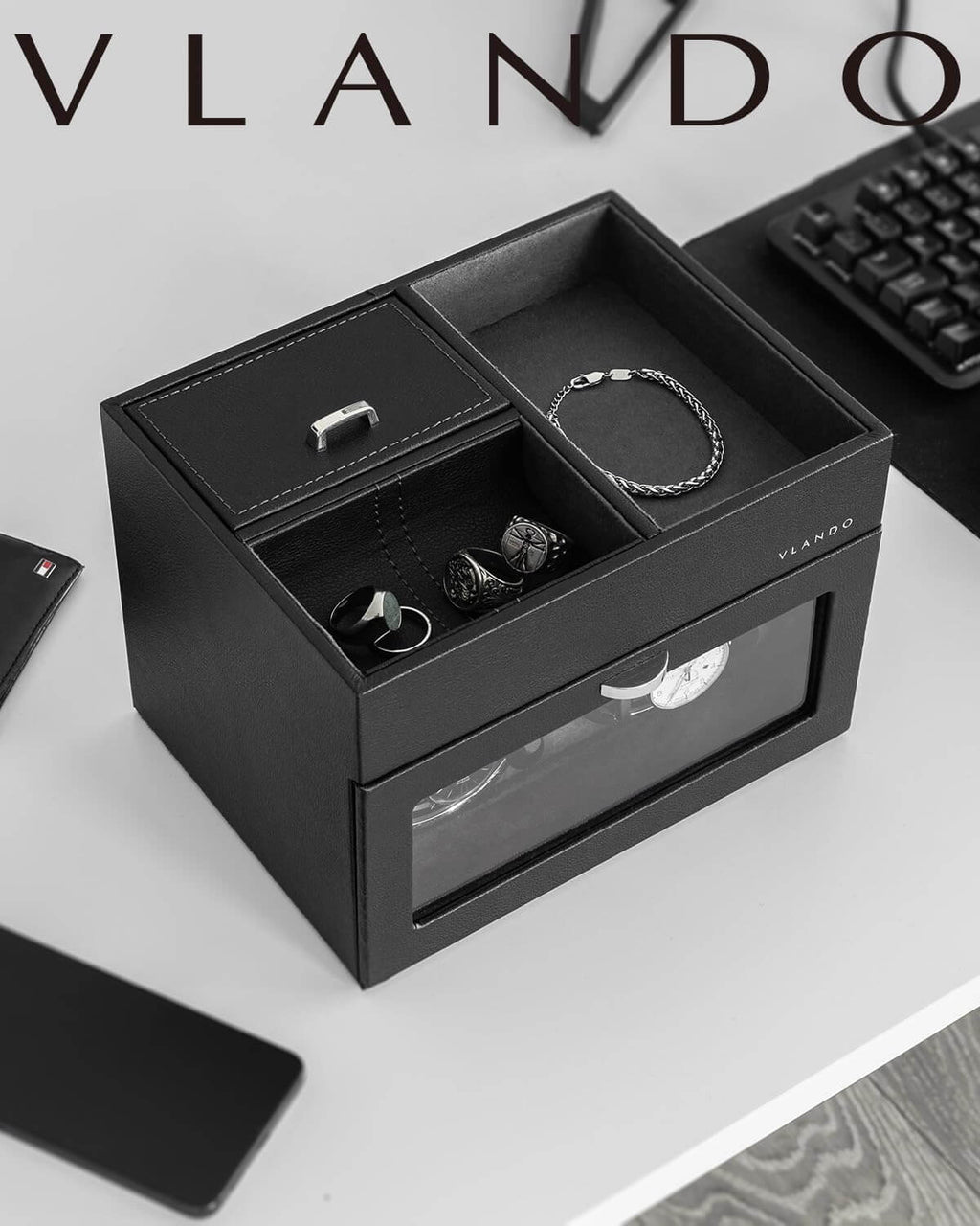 VLANDO Automatic Double Watch Winder with Jewelry Valet Tray