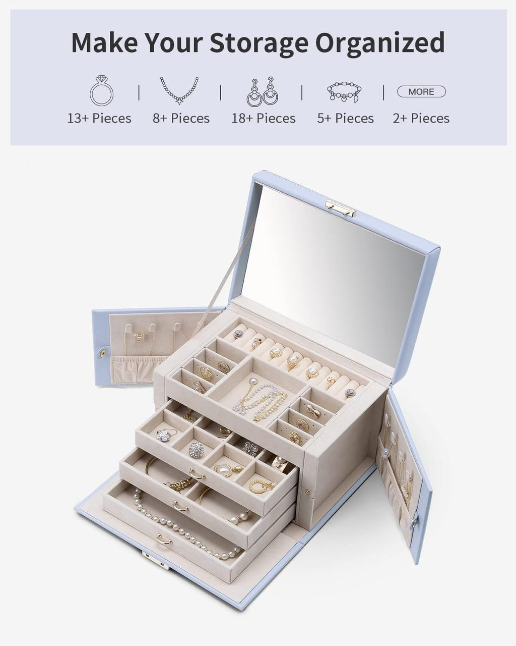 VLANDO Large Jewelry Box Organizer with Mirror & 3 Drawers For Women Girls