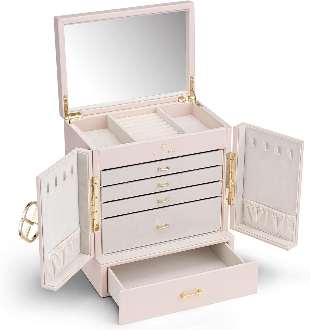 กล่องเครื่องประดับและที่จัดระเบียบขนาดใหญ่ VLANDO Hita Quiet Luxe แบบ 6 ชั้นพร้อมกระจก