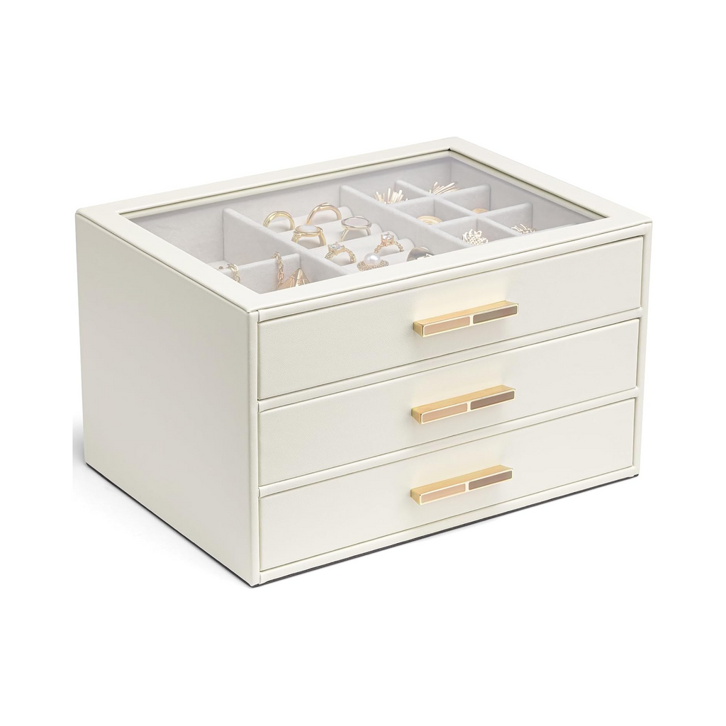 VLANDO Cinderella‑3 drawers Quiet Luxe 3‑Layer Glass Lid Jewelry Box Organizer