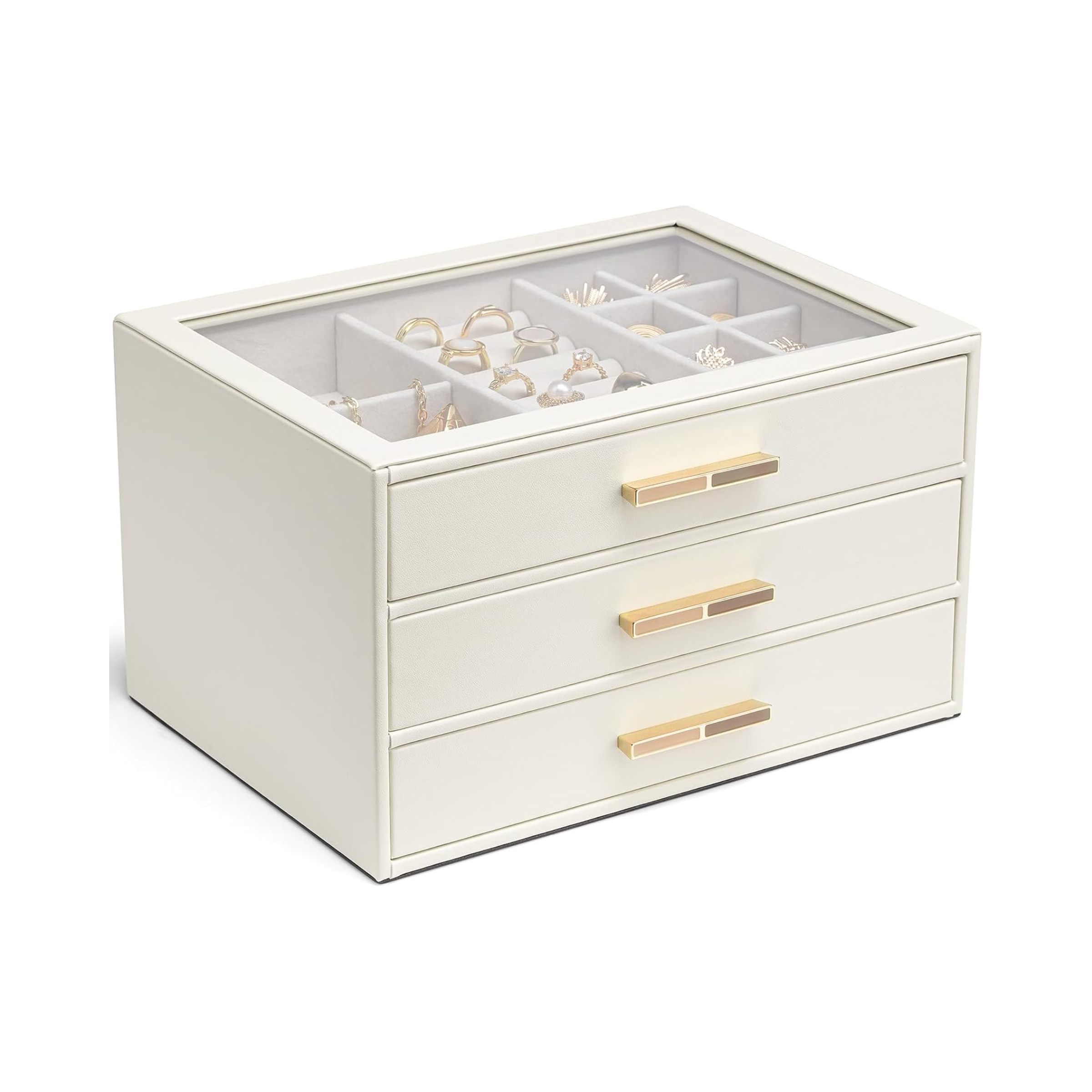 VLANDO Cinderella‑3 drawers Quiet Luxe 3‑Layer Glass Lid Jewelry Box Organizer