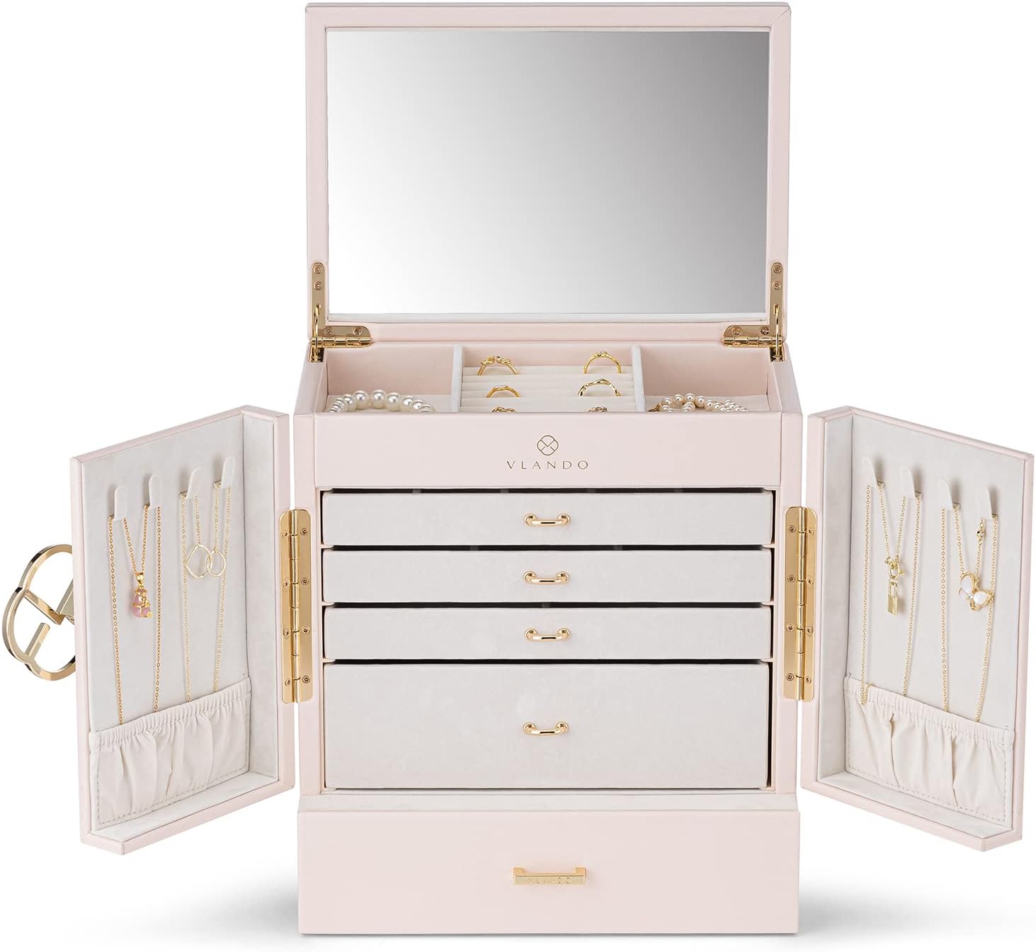 VLANDO Quiet Luxe 6-Layer Large Jewelry Box & Organizer with Mirror