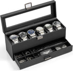VLANDO 6-Slot Dual-Layer Lockable Watch Box Organizer with Glass Lid