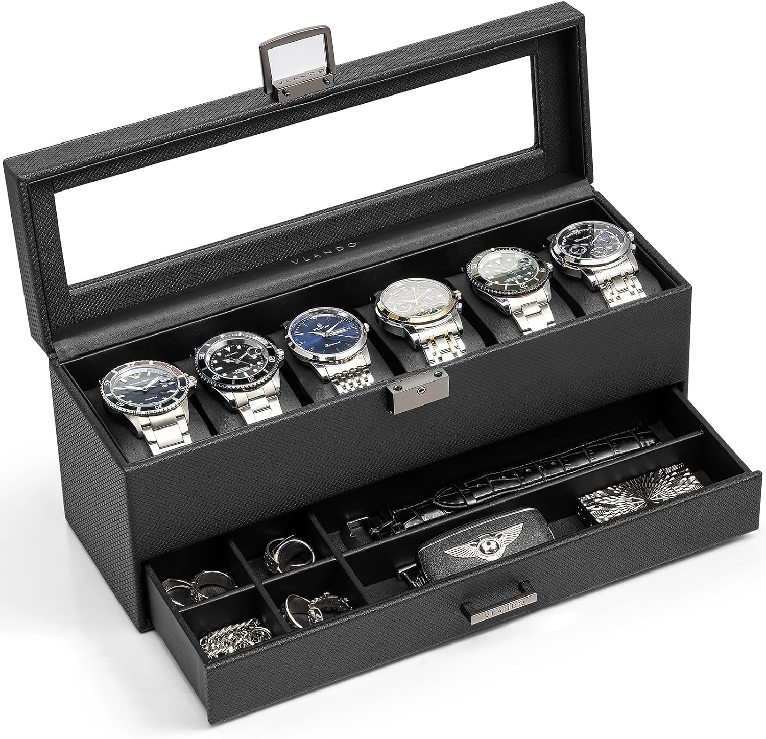 VLANDO 6-Slot Dual-Layer Lockable Watch Box Organizer with Glass Lid