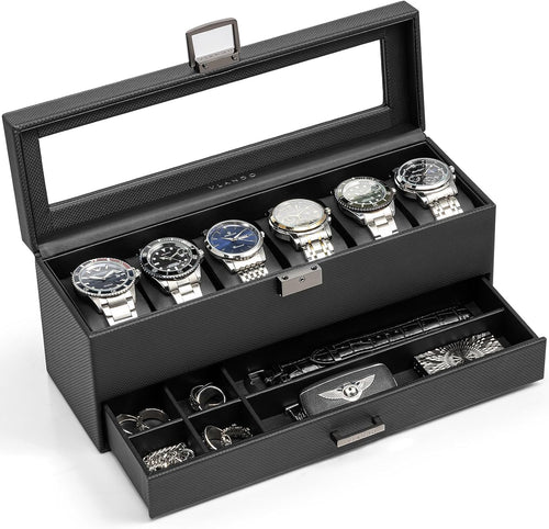 VLANDO 6-Slot Dual-Layer Lockable Watch Box Organizer with Glass Lid