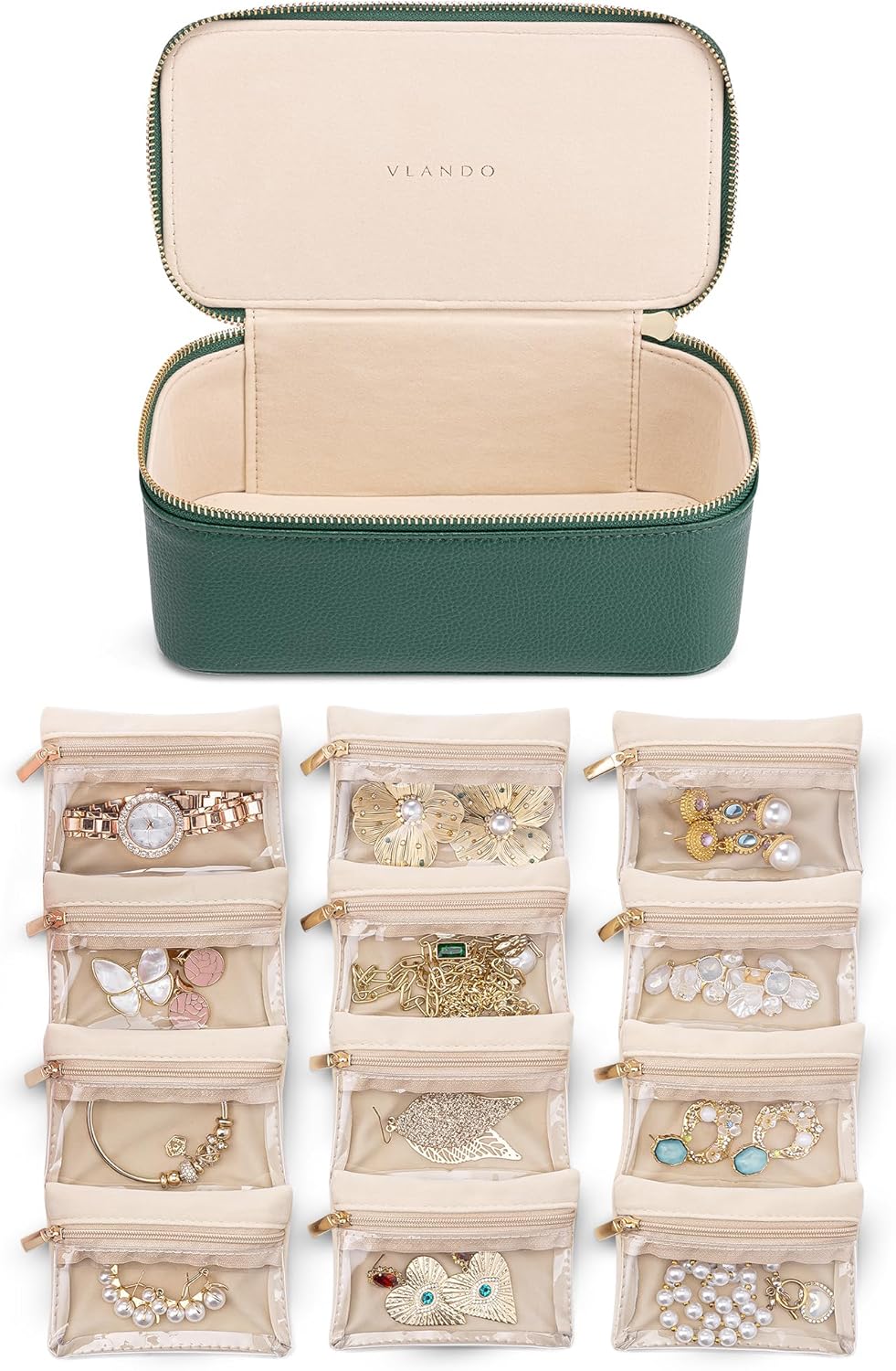 VLANDO Travel Ritua-Maidenhood Faux Leather Jewelry Organizer with 12 Visible Pouches,Portable Jewelry Storage