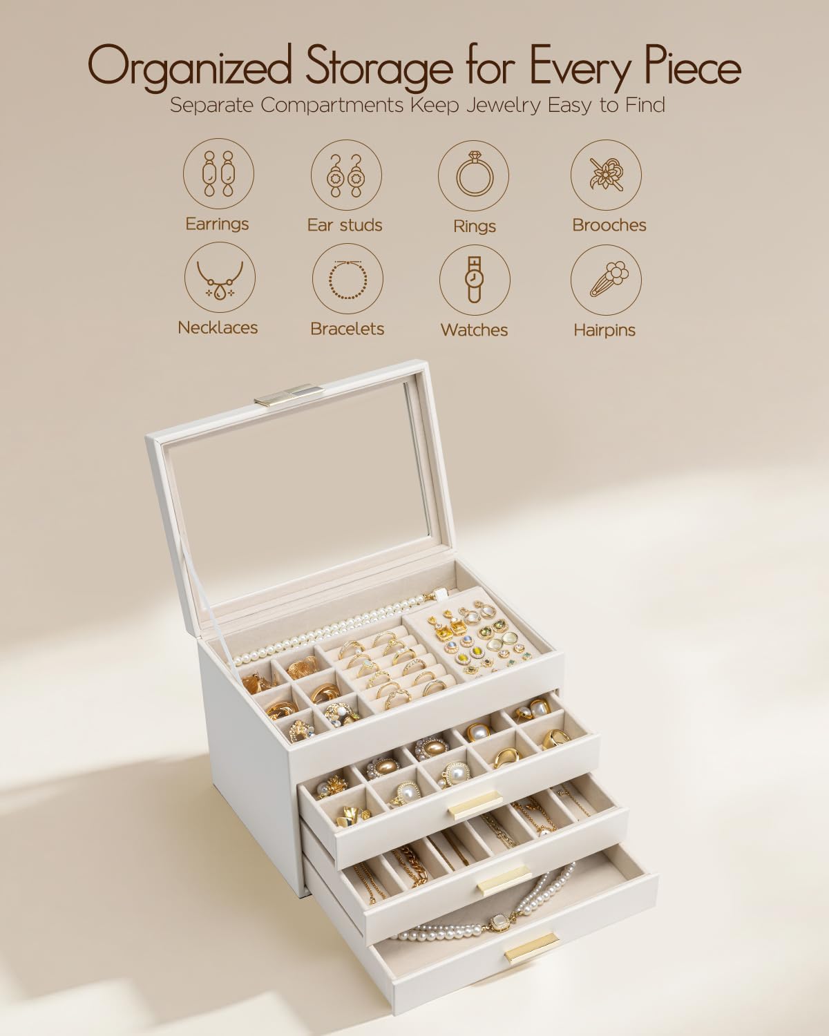 VLANDO Moonlit Mirror 4-Layer Jewelry Box with Glass Lid & Drawers