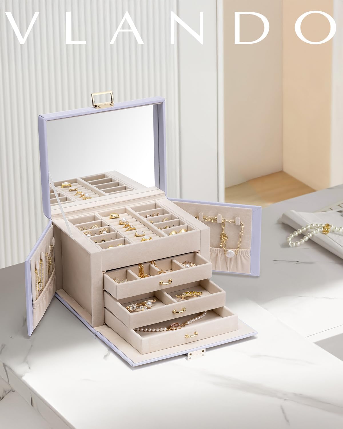 منظم صندوق مجوهرات كبير من VLANDO Quiet Luxe مكون من 4 طبقات مع مرآة وأدراج - حقيبة تخزين مجوهرات جلدية