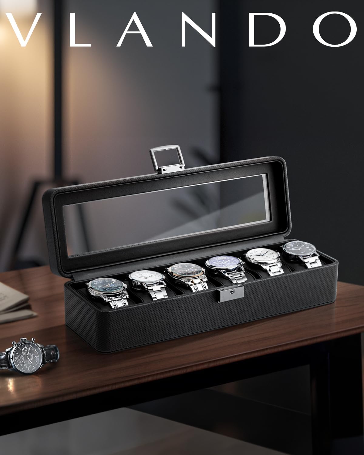 VLANDO 6-Slot Lockable Leather Watch Box with Glass Lid & Soft Pillows