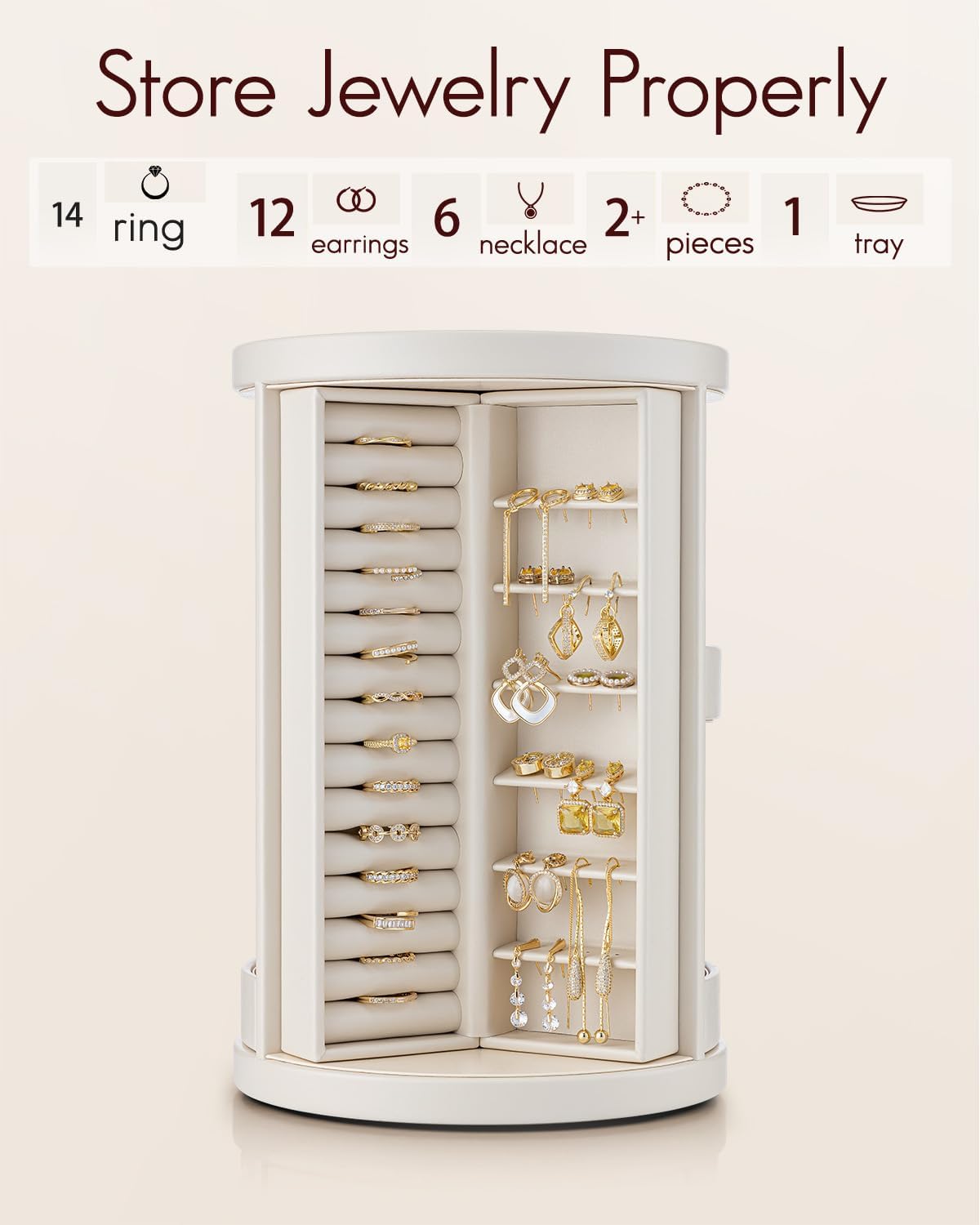 VLANDO Quiet Luxe 360° drehbare Schmuckschatulle mit 5 Schubladen, großer Schmuckorganizer mit 2 Glasfenstern 
