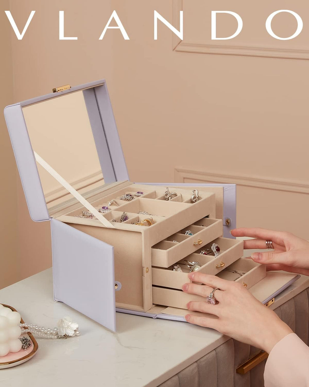 VLANDO Large Jewelry Box Organizer with Mirror & 3 Drawers For Women Girls