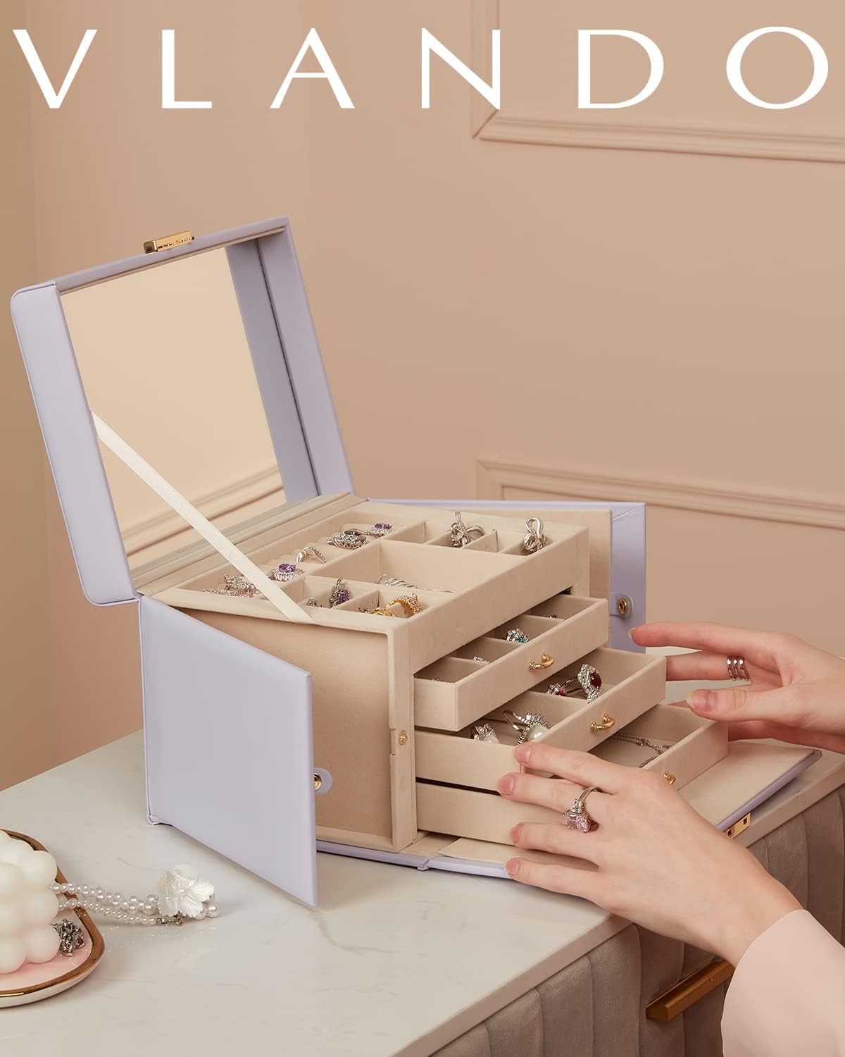 VLANDO Large Jewelry Box Organizer with Mirror & 3 Drawers For Women Girls