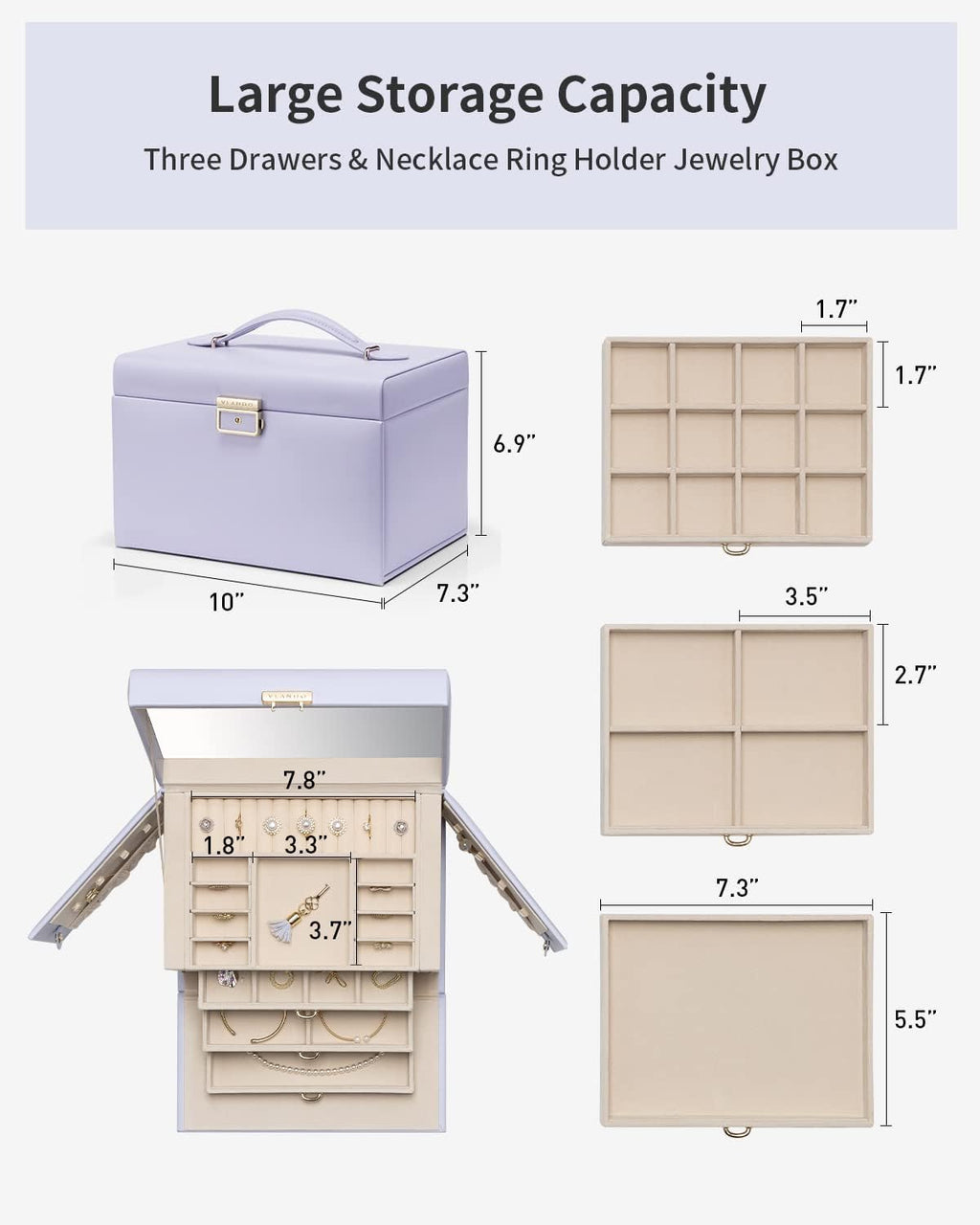 VLANDO Large Jewelry Box Organizer with Mirror & 3 Drawers For Women Girls