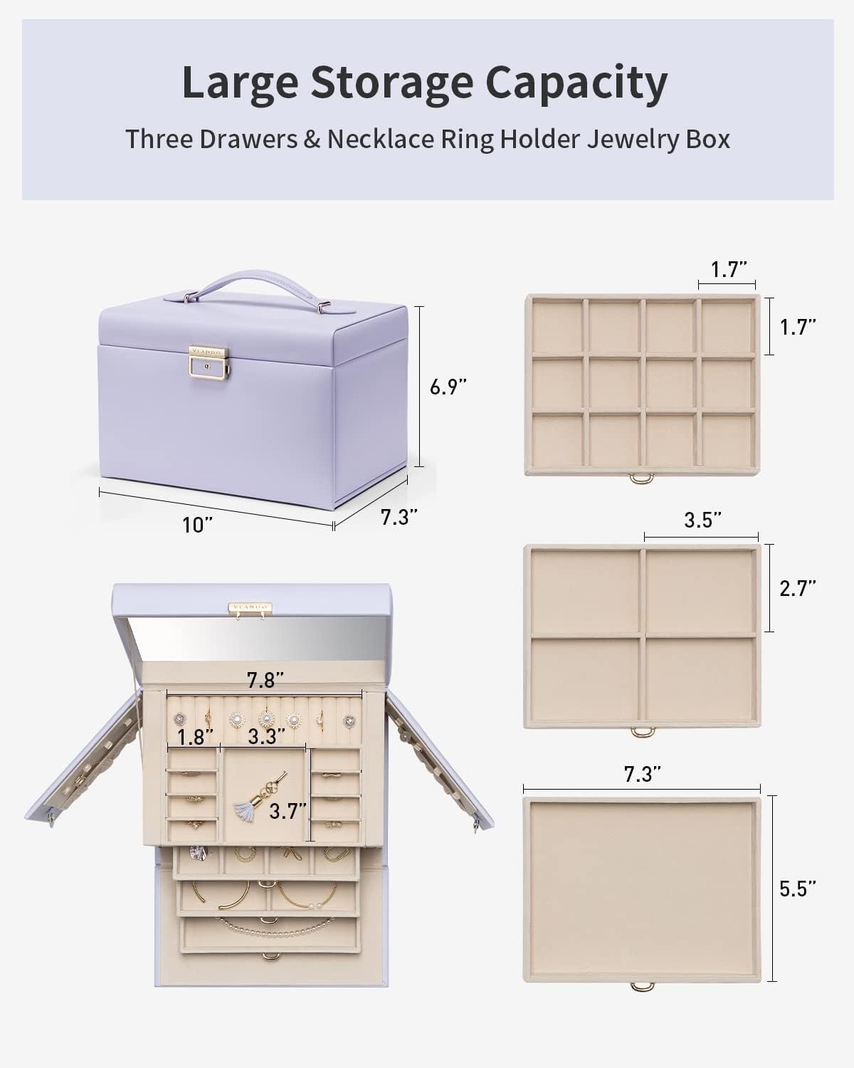 VLANDO Large Jewelry Box Organizer with Mirror & 3 Drawers For Women Girls