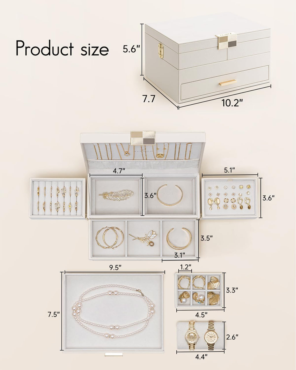VLANDO Quiet Luxe jewelry box organizer, size and capacity guide