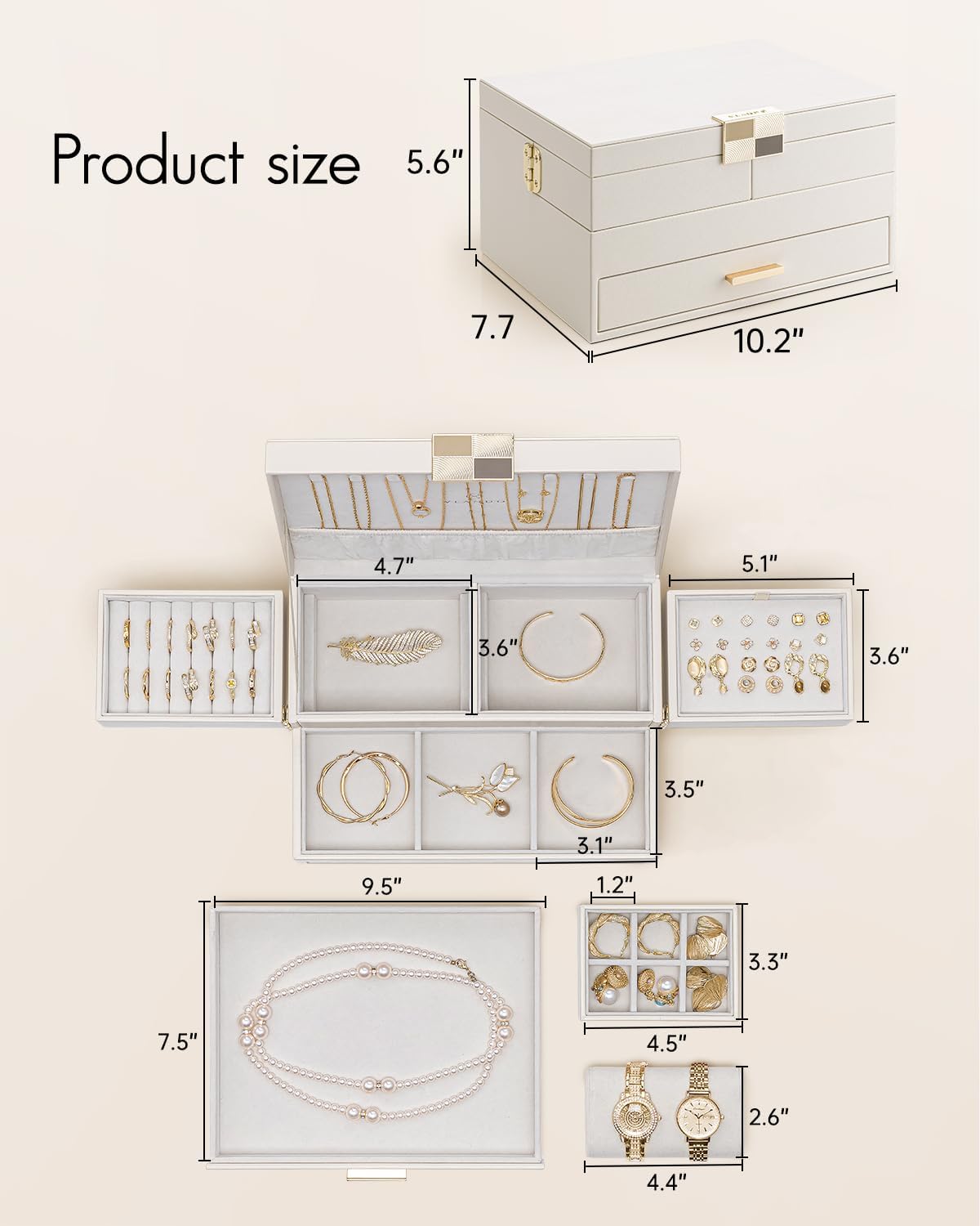 VLANDO Quiet Luxe 3-Layer Jewelry Box Organizer with Retractable Tray