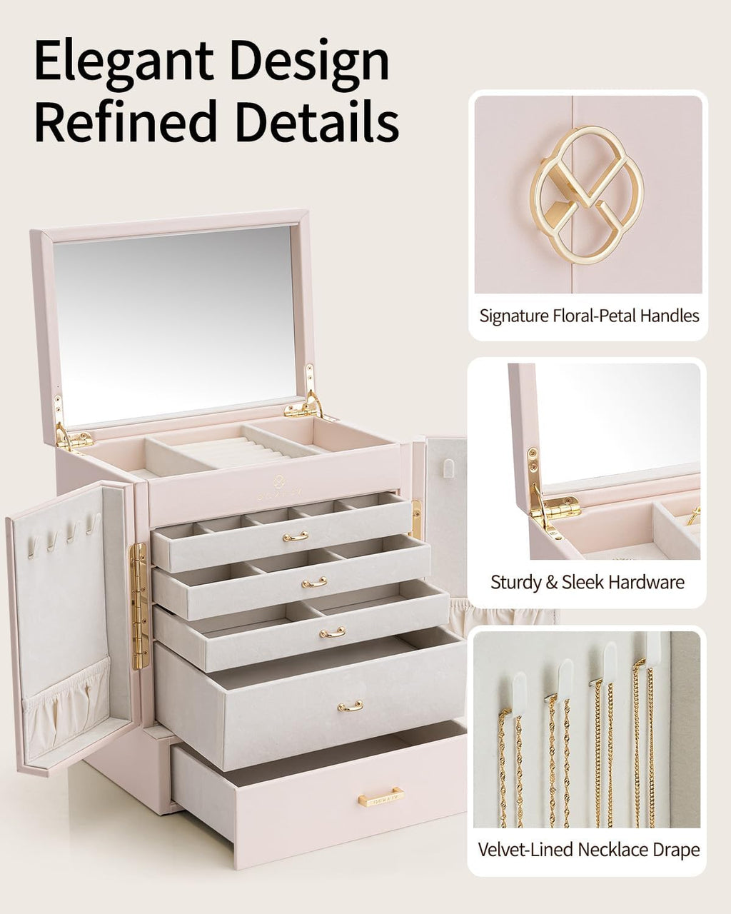 กล่องเครื่องประดับและที่จัดระเบียบขนาดใหญ่ VLANDO Hita Quiet Luxe แบบ 6 ชั้นพร้อมกระจก